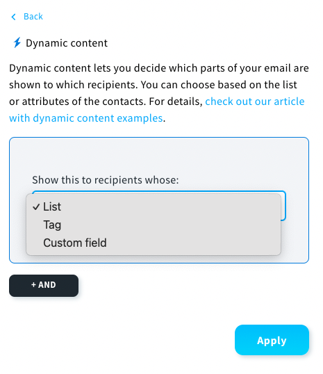 Adding conditions in the Visual Dynamic Content Builder.